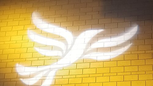 Lib Dem logo bird projected on blockwork