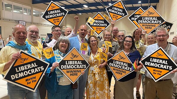 Cameron Thomas and the Tewkesbury Liberal Democrat team celebrate their 2024 General Election victory