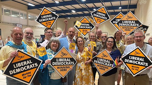 Cameron Thomas and the Tewkesbury Liberal Democrat team celebrate their 2024 General Election victory