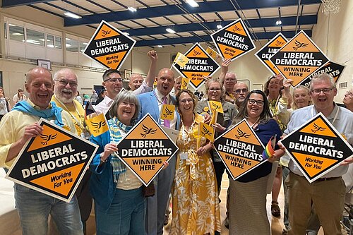 Cameron Thomas and the Tewkesbury Liberal Democrat team celebrate their 2024 General Election victory