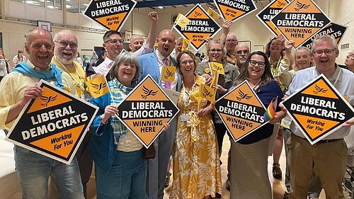 Cameron Thomas and the Tewkesbury Liberal Democrat team celebrate their 2024 General Election victory